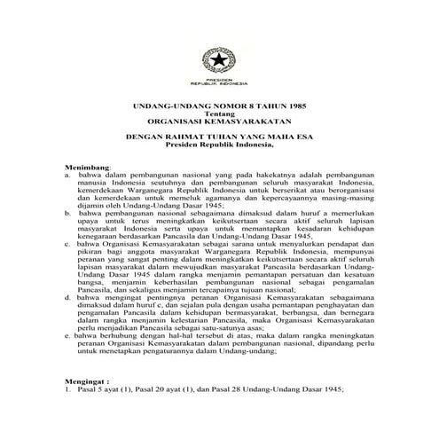 Uu nomor 8 tahun 1985 tentang organisasi kemasyarakatan