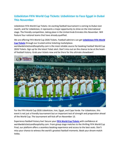 Uzbekistan FIFA World Cup Tickets Uzbekistan to Face Egypt in Dubai This Nove...