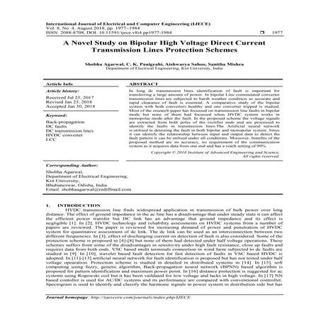 A Novel Study on Bipolar High Voltage Direct Current Transmission Lines Prote...