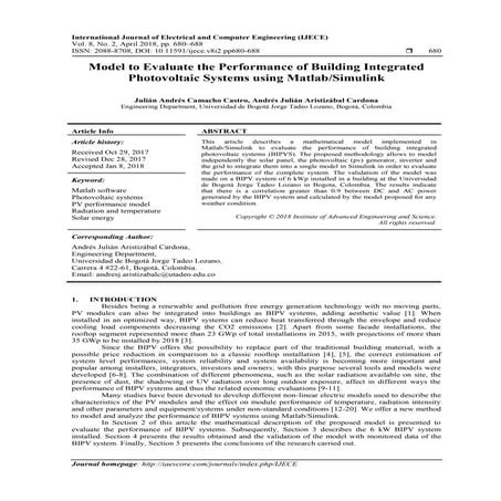 Model to Evaluate the Performance of Building Integrated Photovoltaic Systems...