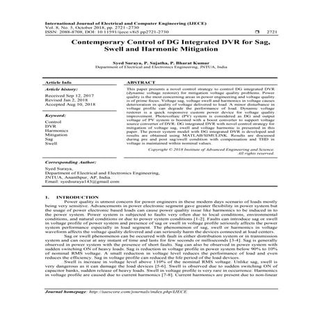 Contemporary Control of DG Integrated DVR for Sag, Swell and Harmonic Mitigat...