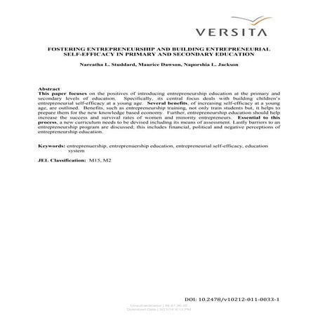 Fostering Entrepreneurship and Building Entrepreneurial Self-Efficacy in Prim...