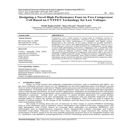 Designing a Novel High Performance Four-to-Two Compressor Cell Based on CNTFE...