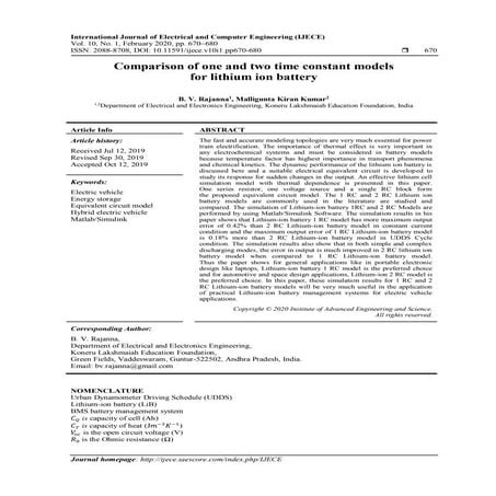 Comparison of one and two time constant models for lithium ion battery 