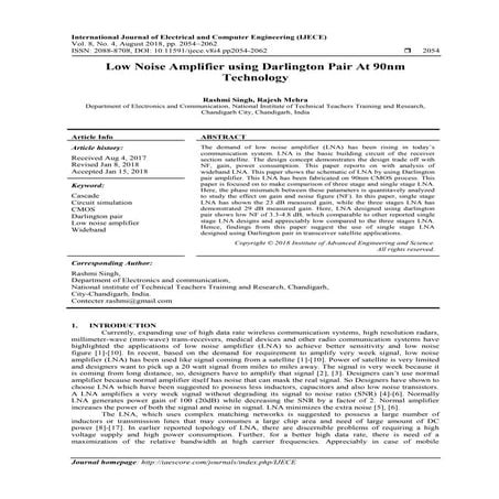 Low Noise Amplifier using Darlington Pair At 90nm Technology 