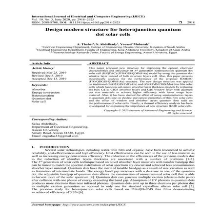 Design modern structure for heterojunction quantum  dot solar cells 