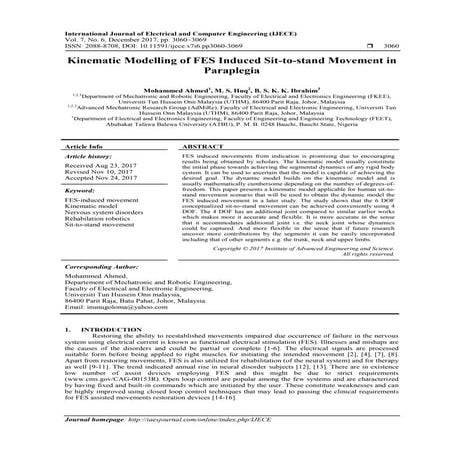 Kinematic Modelling of FES Induced Sit-to-stand Movement in Paraplegia 