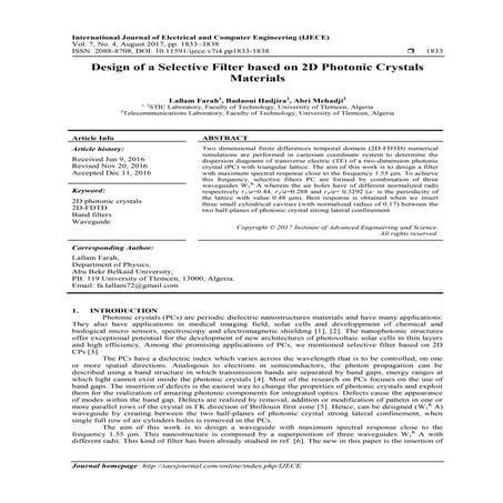 Design of a Selective Filter based on 2D Photonic Crystals Materials | PDF
