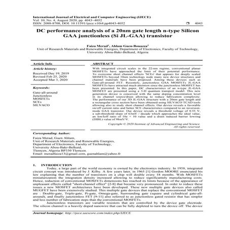 DC performance analysis of a 20nm gate length n-type Silicon GAA junctionless...