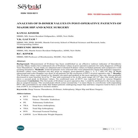 ANALYSIS OF D-DIMER VALUES IN POST-OPERATIVE PATIENTS OF MAJOR HIP AND KNEE S...