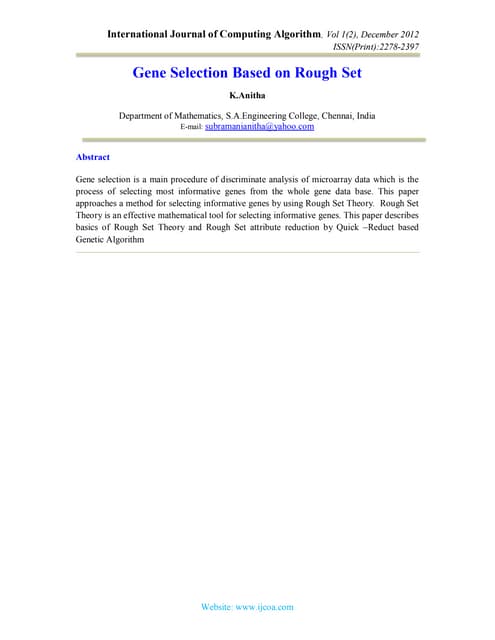 Gene Selection Based on Rough Set Applications of Rough Set on Computational ...