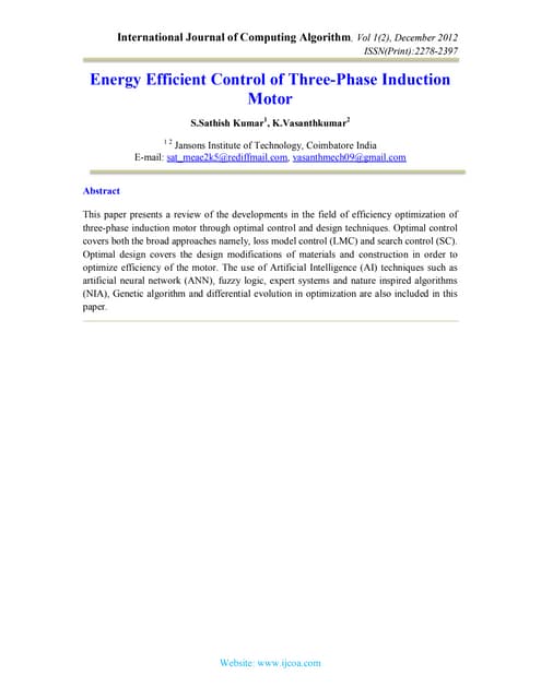 Energy Efficient Control of three-Phase Induction Motor | PDF