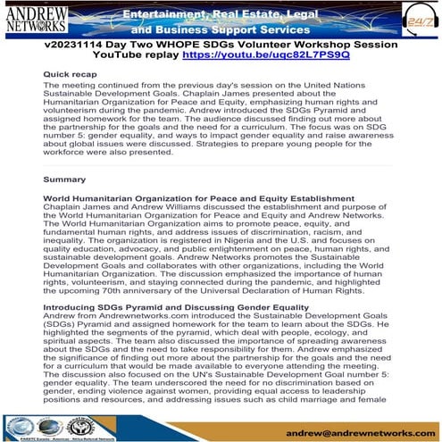 v20231114 Meeting Summary Zoom Transcript Day Two WHOPE SDGs Volunteer Worksh...