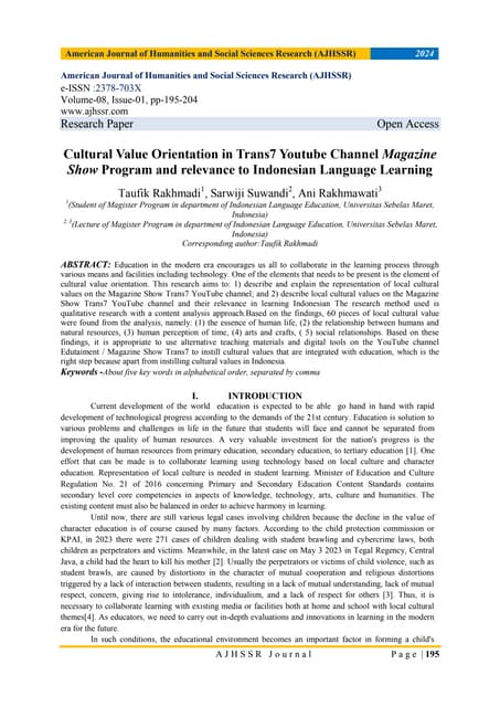 Cultural Value Orientation in Trans7 Youtube Channel Magazine Show Program an...