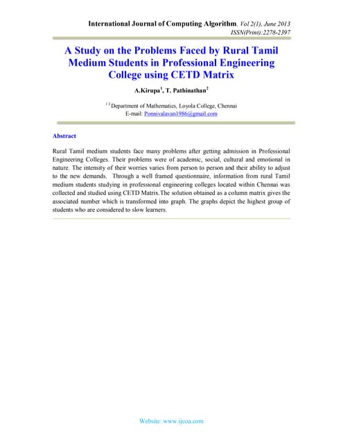 A Study on The Problems Faced by Rural Tamil Medium Students in Professional ...