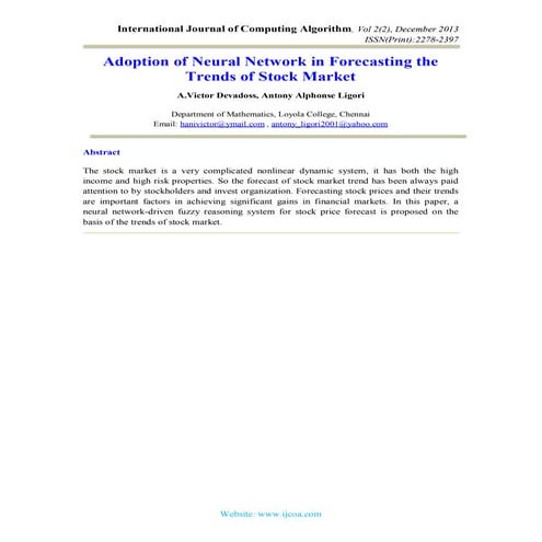 ADOPTION OF NEURAL NETWORK IN FORECASTING THE TRENDS OF STOCK MARKET