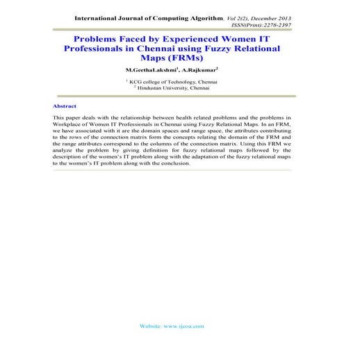 Problems Faced by Experienced Women IT Professionals in Chennai using Fuzzy R...