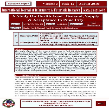 A Study On Health Food: Demand, Supply & Acceptance In Pune City. V3-E12-002