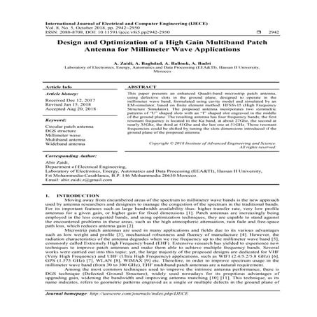 Design and Optimization of a High Gain Multiband Patch Antenna for Millimeter...