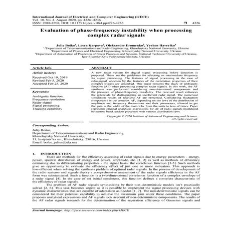 Evaluation of phase-frequency instability when processing complex radar signals 