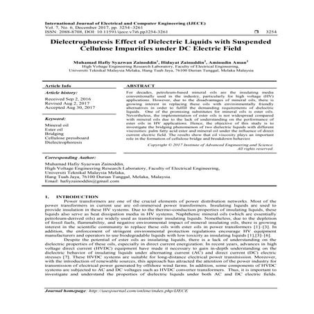 Dielectrophoresis Effect of Dielectric Liquids with Suspended Cellulose Impur...