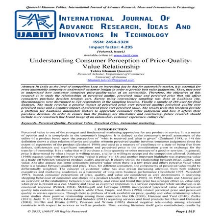 Understanding Consumer Perception of Price-Quality- Value Relationship