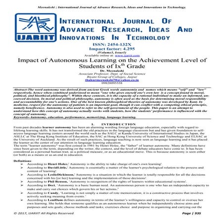 Impact of Autonomous Learning on the Achievement Level of Students of Ixth Grade