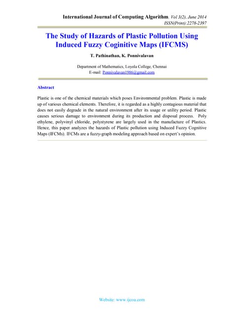 The Study of Hazards of Plastic Pollution Using Induced Fuzzy Coginitive Maps...