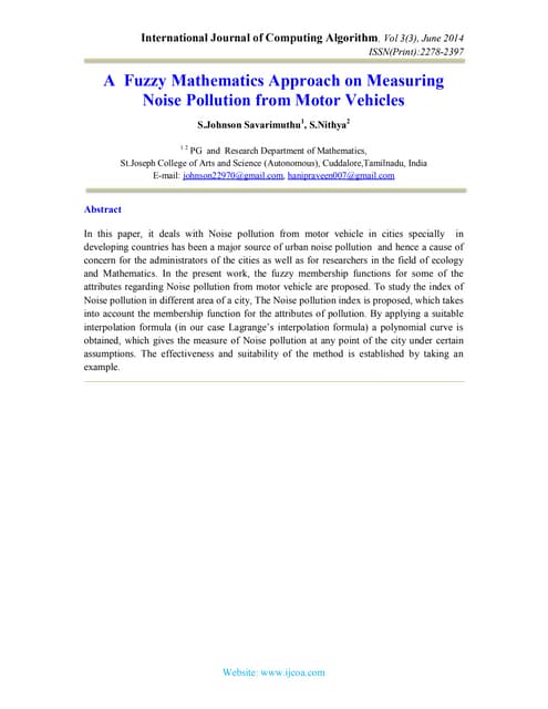 A  Fuzzy Mathematics Approach on Measuring Noise Pollution from Motor Vehicles