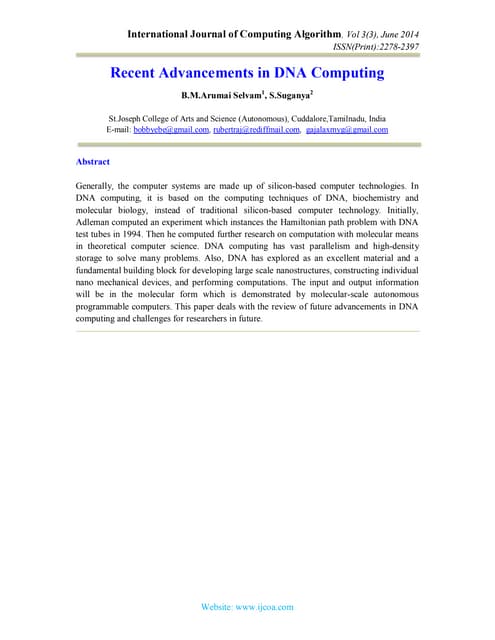 Recent Advancements in DNA Computing