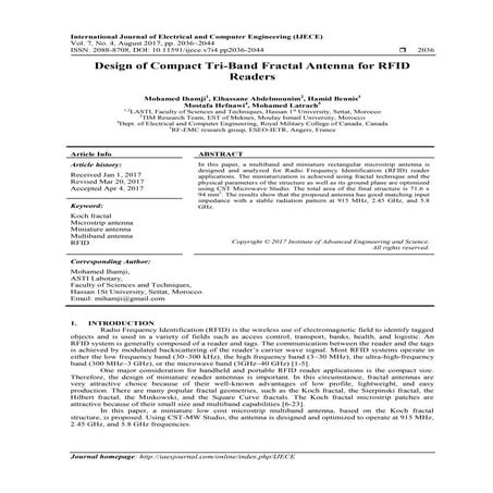 Design of Compact Tri-Band Fractal Antenna for RFID Readers 