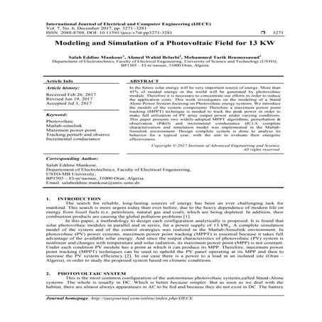 Modeling and Simulation of a Photovoltaic Field for 13 KW 