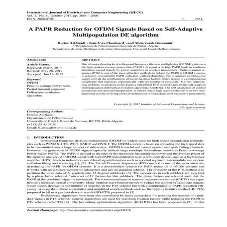 A PAPR Reduction for OFDM Signals Based on Self-Adaptive Multipopulation DE a...
