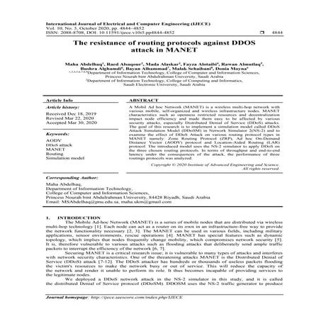 The resistance of routing protocols against DDOS attack in MANET 