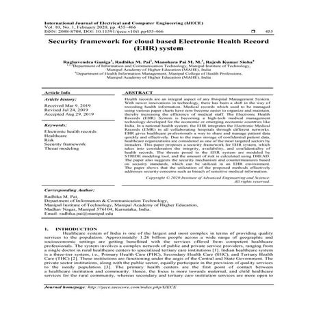 Security framework for cloud based Electronic Health Record (EHR) system 