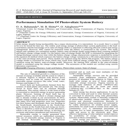 Performance Simulation Of Photovoltaic System Battery