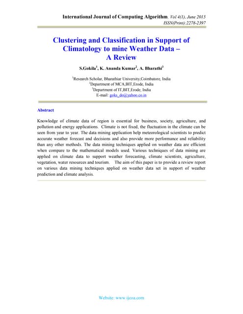 Clustering and Classification in Support of Climatology to mine Weather Data ...