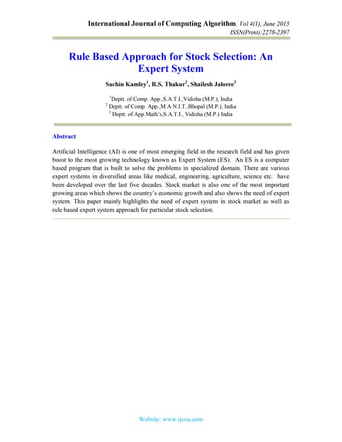Rule Based Approach for Stock Selection: An Expert System