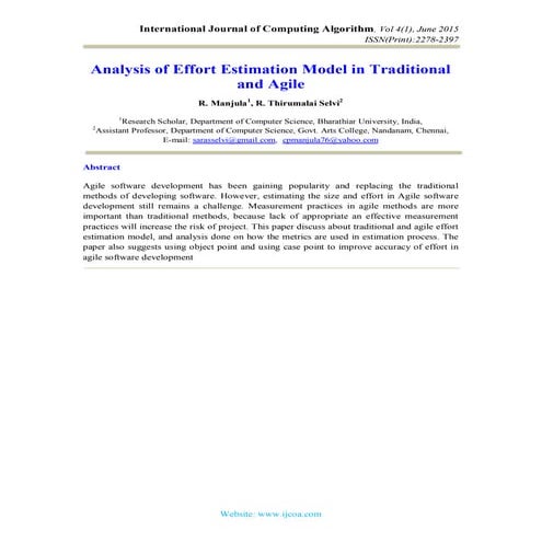 Analysis of Effort Estimation Model in Traditional and Agile  (USING METRICS ...