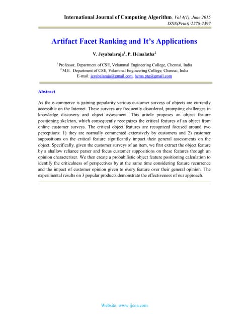 Artifact Facet Ranking and It’s Applications