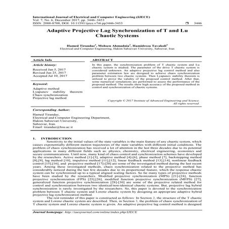 Adaptive Projective Lag Synchronization of T and Lu  Chaotic Systems 