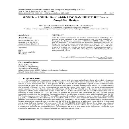 0.5GHz - 1.5GHz Bandwidth 10W GaN HEMT RF Power Amplifier Design  