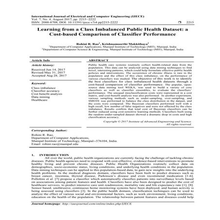 Learning from a Class Imbalanced Public Health Dataset: a Cost-based Comparis...