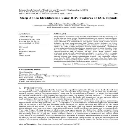 Sleep Apnea Identification using HRV Features of ECG Signals 