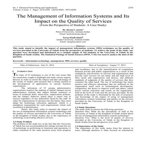 The Management of Information Systems and Its Impact on the Quality of Servic...
