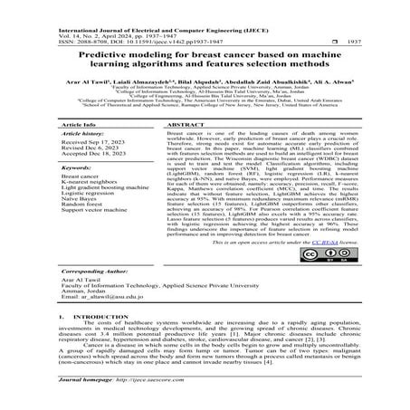 Predictive modeling for breast cancer based on machine learning algorithms an...