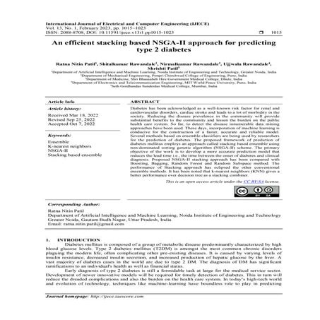 Ensemble stacking classifier model for prediction of diabetes | PDF