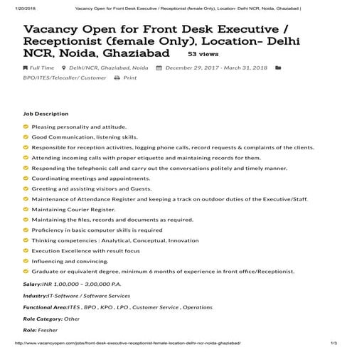 Vacancy open for front desk executive   receptionist (female only), location  delhi ncr, noida, ghaziabad -