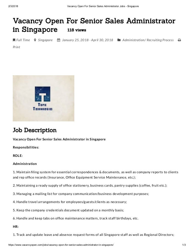 Vacancy Open For Senior Sales Administrator Jobs Singapore