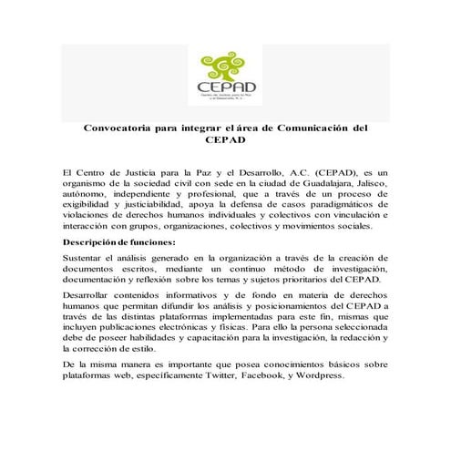 CEPAD - Vacante para área de comunicación - México
